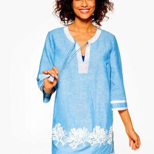 Talbot's Blue Coral Beaded Cover-Up Dress - Linen Blend Sz Large NWOT
